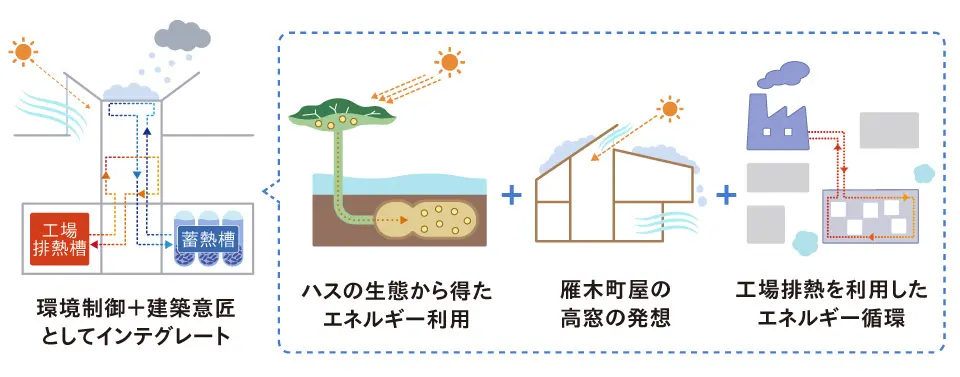 環境制御+建築意匠としてインテグレート。ハスの生態から得たエネルギー利用+雁木町屋の高窓の発想+工場排熱を利用したエネルギー循環
